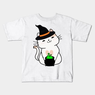 Cute white cat is a witch Kids T-Shirt